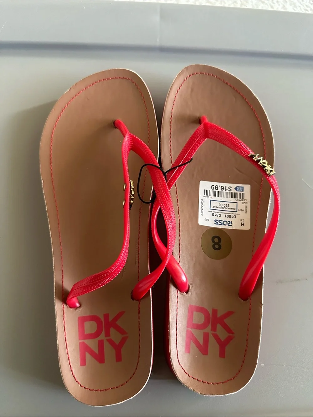 Dkny Red Strap Tan Footbed Flip Flops with Gold Logo Accent